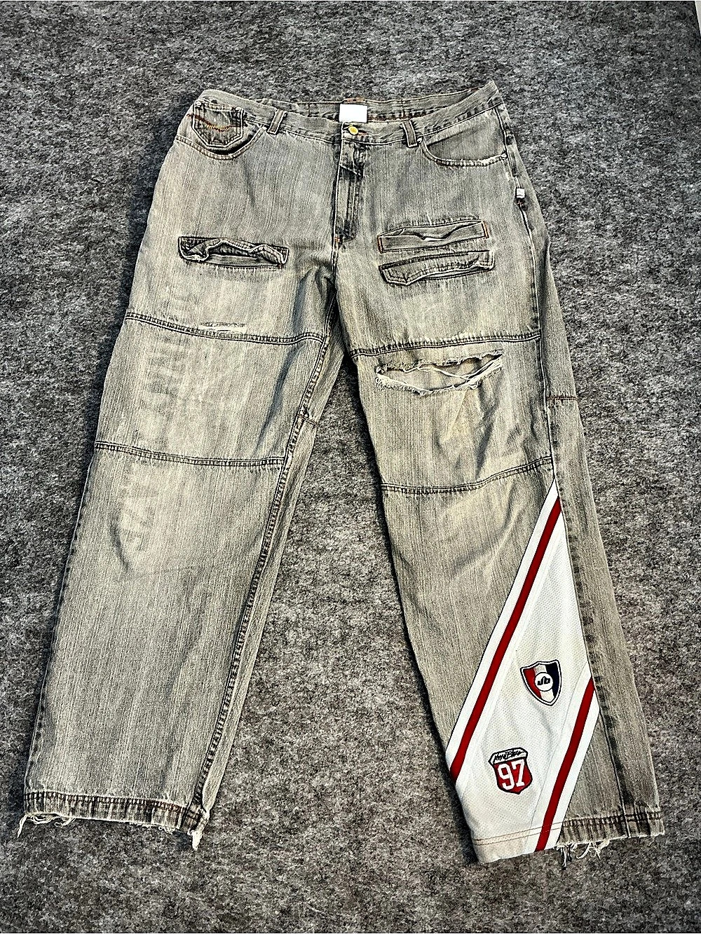 Johnny Blaze Y2K Distressed Baggy Graphic Jeans in Gray Size 38